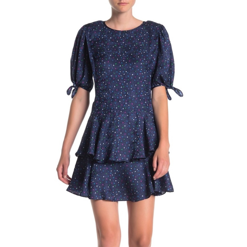 NWT Rebecca Taylor Polka Dot Navy Tiered Ruffle A-Line Silk Dress - Size 0